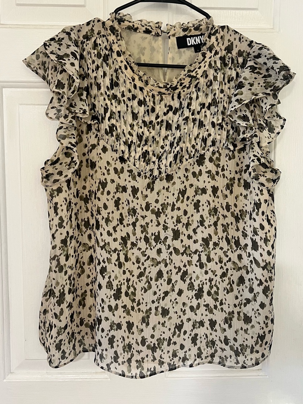 DKNY Black and Cream Printed Ruffle Sleeve Blouse